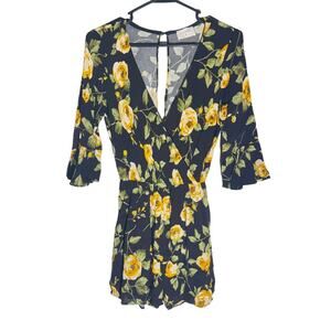 Everly Black Yellow Floral Romper Women’s XS Short Sleeve Ruffle